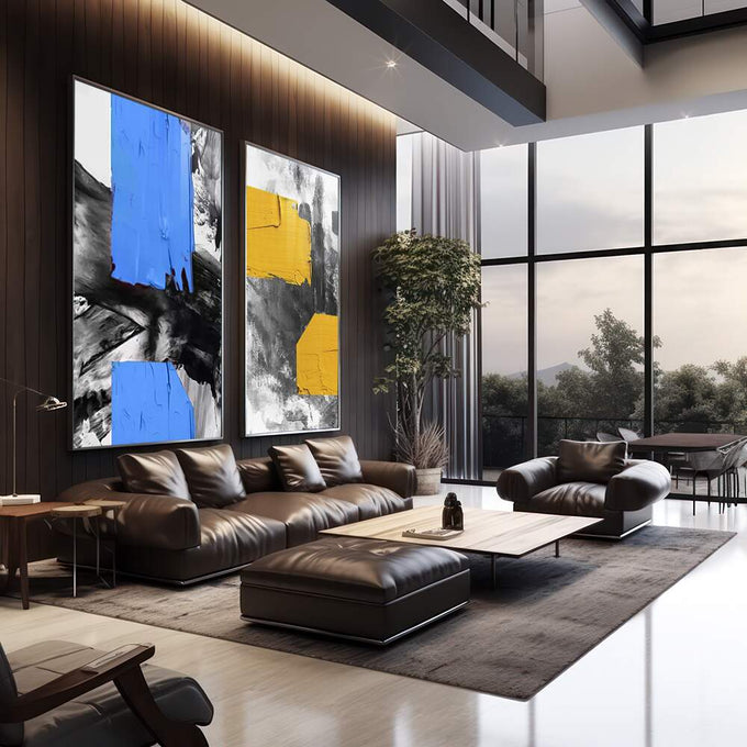 Quadro Decorativo Pincelada Azul e Amarela - Desperte Seu Lar - quadros decorativos 2 Telas, abstrato - em escritorio elegante