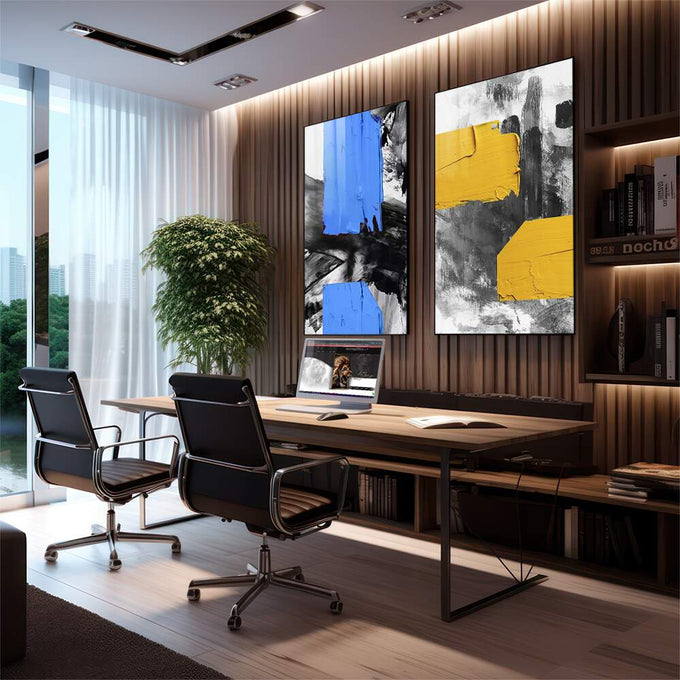Quadro Decorativo Pincelada Azul e Amarela - Desperte Seu Lar - quadros decorativos para sala 2 Telas, abstrato - em living room premium