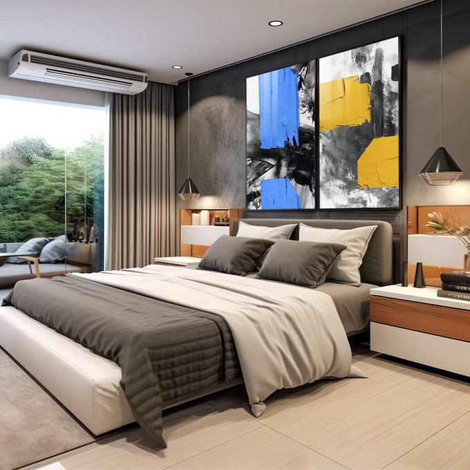 Quadro Decorativo Pincelada Azul e Amarela - Desperte Seu Lar - quadros decorativos 2 Telas, abstrato - em sala moderna