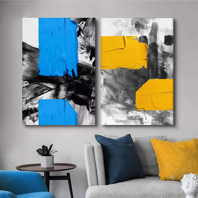 Quadro Decorativo Pincelada Azul e Amarela - Desperte Seu Lar - quadros decorativos para sala 2 Telas, abstrato - em ambiente decorado