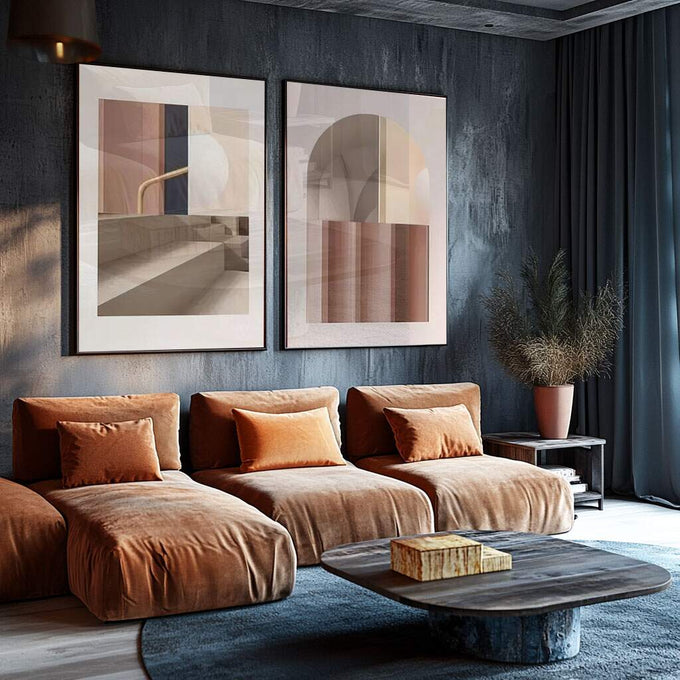 Quadro Decorativo: Dança das Cores Abstratas - quadros decorativos para sala 2 Telas, arquitetura - em ambiente decorado