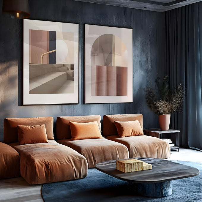 Díptico com arcos, escada e listras rosé em tons bege, arquitetura minimalista, quadro decorativo