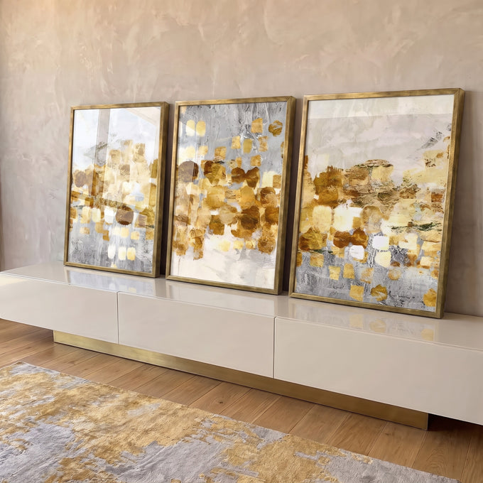 Quadro Decorativo: Fusão de Ouro e Branco, Toque Minimalista em ambiente decorado - quadros decorativos para sala