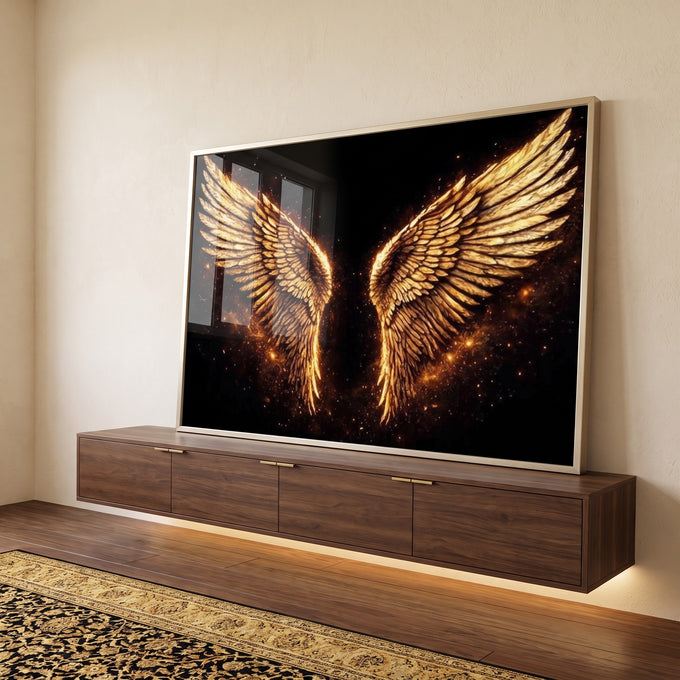 Quadro Decorativo Asas Douradas Elegantes em ambiente decorado - quadros decorativos para sala