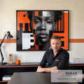 Quadro Decorativo Abstrato Mulher - Elegante em Tons Laranja em escritorio moderno - quadros decorativos para sala