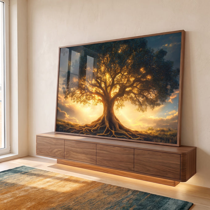 Quadro Decorativo Árvore da Vida sobre o Sol - Arte que Inspira em ambiente decorado - quadros decorativos para sala