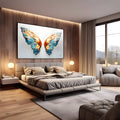 Asas de borboleta em vidro azul e laranja iluminado sobre fundo branco, quadro decorativo