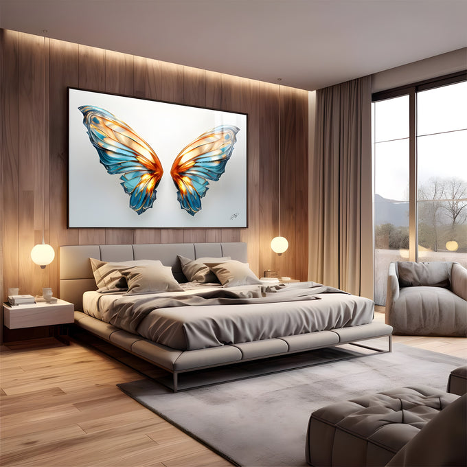 Asas de borboleta em vidro azul e laranja iluminado sobre fundo branco, quadro decorativo