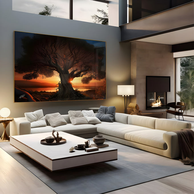 Árvore antiga de raízes retorcidas com sol se pondo atrás do tronco sobre lago e montanhas, quadro decorativo