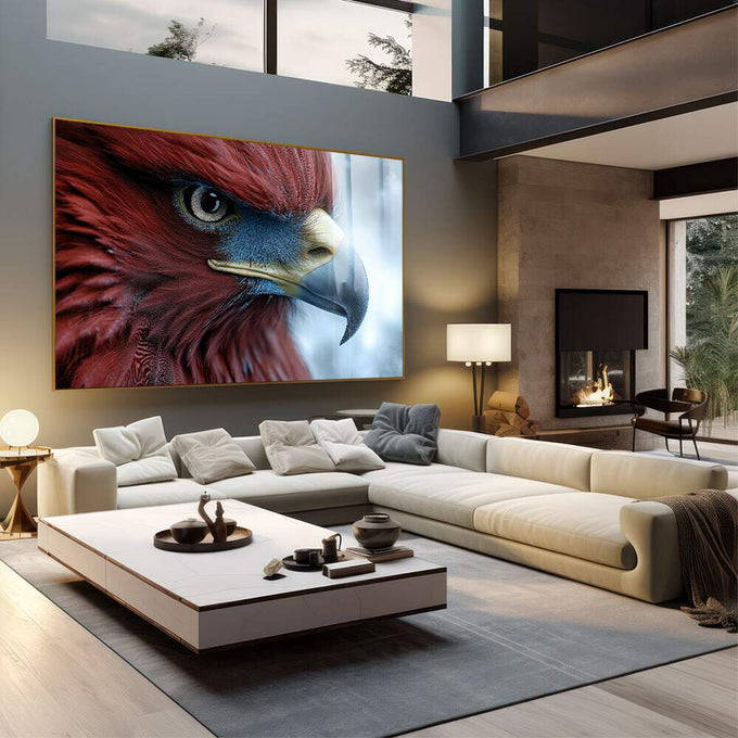 Quadro Decorativo Impactante: O Foco do Falcão - quadros decorativos 1 Tela, 1 Tela Horizontal - em sala moderna