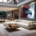 Close realista de águia com penas vermelhas, olho intenso e bico azulado, quadro decorativo