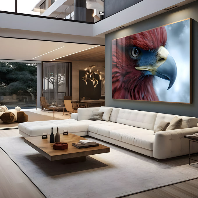 Close realista de águia com penas vermelhas, olho intenso e bico azulado, quadro decorativo