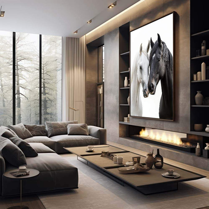 Quadro Decorativo Casal de Cavalos - Amor e Esperança em Sua Parede - quadros decorativos 1 Tela Vertical, 3 Telas - em sala moderna