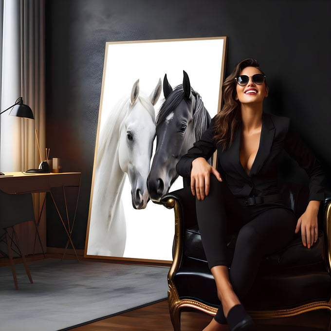 Cavalo branco e cavalo preto encostando os focinhos sobre fundo branco, quadro decorativo