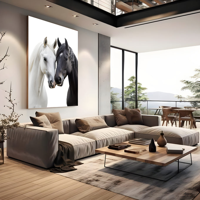 Cavalo branco e cavalo preto encostando os focinhos sobre fundo branco, quadro decorativo