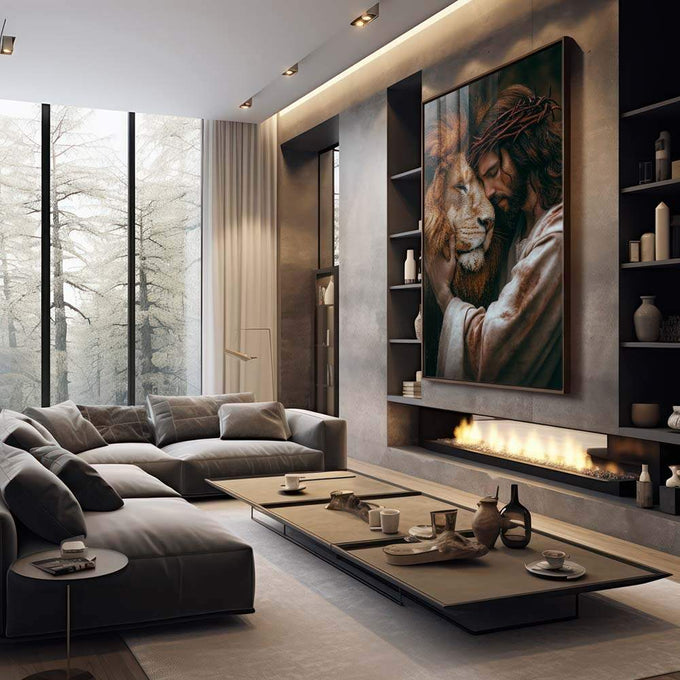 Quadro Decorativo Leão ao Lado de Jesus Cristo - quadros decorativos 1 Tela Vertical, 3 Telas - em sala moderna