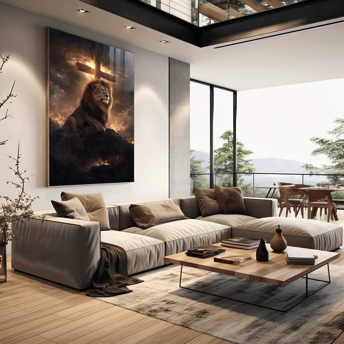 Quadro Decorativo Leão sobre a Cruz - quadros decorativos 1 Tela Vertical, 3 Telas - em escritorio elegante
