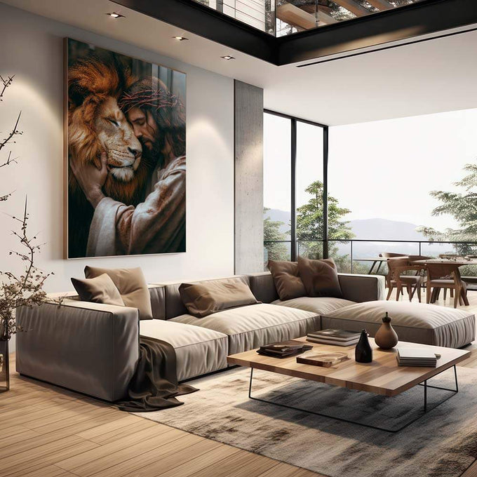 Quadro Decorativo Leão ao Lado de Jesus Cristo - quadros decorativos para sala 1 Tela Vertical, 3 Telas - em quarto contemporaneo