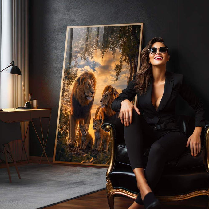 Quadro Decorativo Família Leão e Filhotes - Amor e Conexão em Cada Traço - quadros decorativos para sala 1 Tela Vertical, 3 Telas - em living room premium
