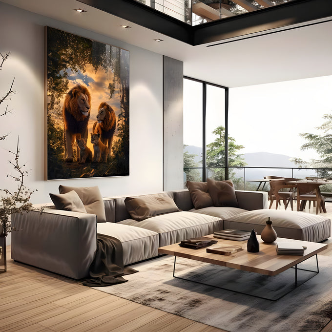Dois leões e dois filhotes na floresta com céu dourado ao pôr do sol, quadro decorativo