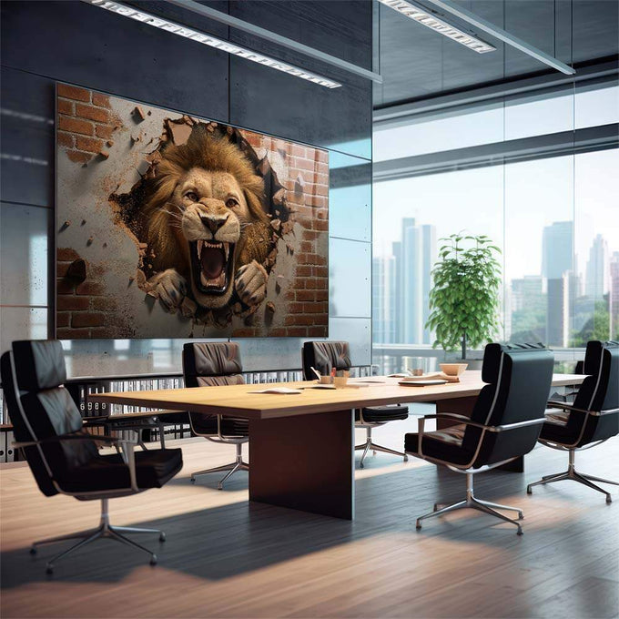 Quadro Decorativo Leão Quebrando a Parede - Inspiração e Força - quadros decorativos 1 Tela, 3 Telas - em sala moderna