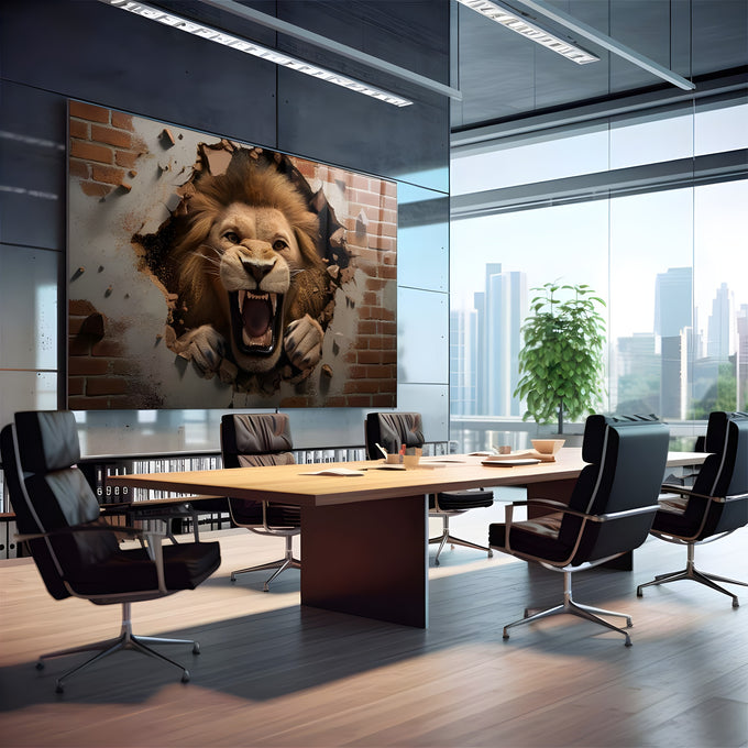 Leão rugindo com garras saindo de parede de tijolos quebrada em efeito 3D, quadro decorativo