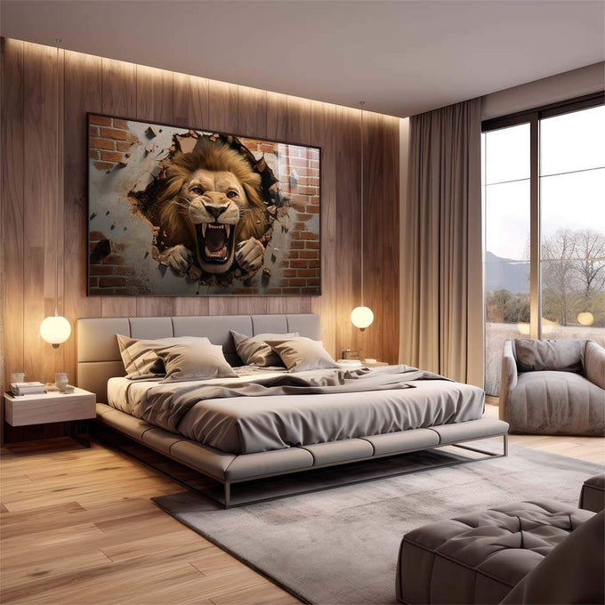 Quadro Decorativo Leão Quebrando a Parede - Inspiração e Força - quadros decorativos para sala 1 Tela, 3 Telas - em quarto contemporaneo
