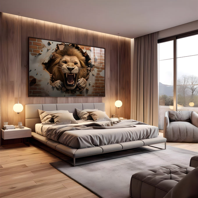 Leão rugindo com garras saindo de parede de tijolos quebrada em efeito 3D, quadro decorativo