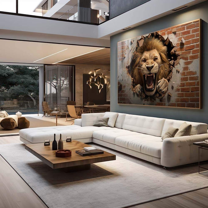 Quadro Decorativo Leão Quebrando a Parede - Inspiração e Força - quadros decorativos 1 Tela, 3 Telas - em escritorio elegante