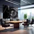 Close macro de olho feminino em preto e branco com íris âmbar e cílios longos, quadro decorativo