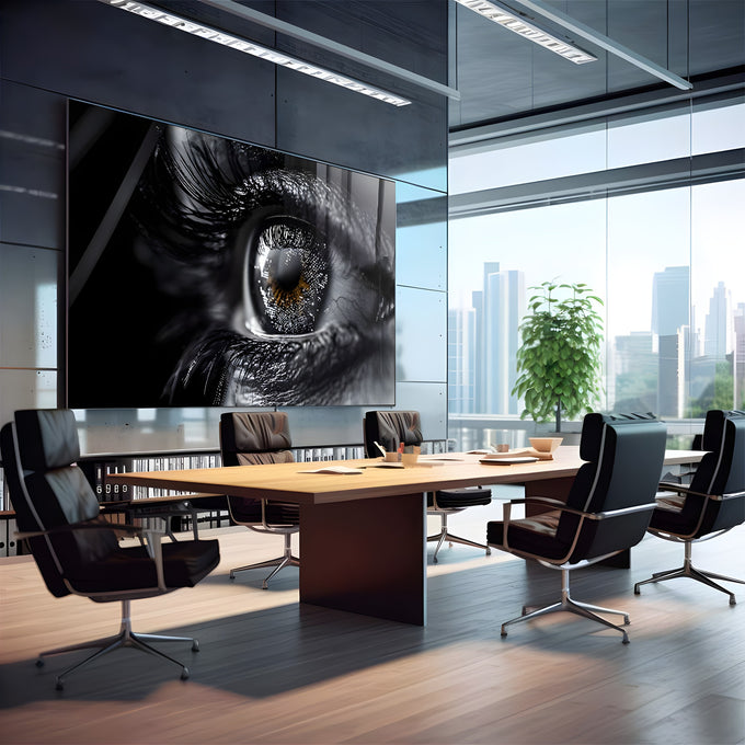 Close macro de olho feminino em preto e branco com íris âmbar e cílios longos, quadro decorativo