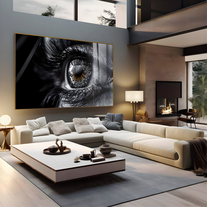 Close macro de olho feminino em preto e branco com íris âmbar e cílios longos, quadro decorativo