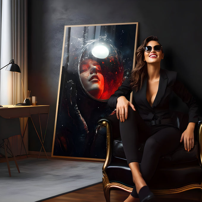 Rosto de mulher em capacete de astronauta com reflexos vermelhos no espaço escuro, quadro decorativo