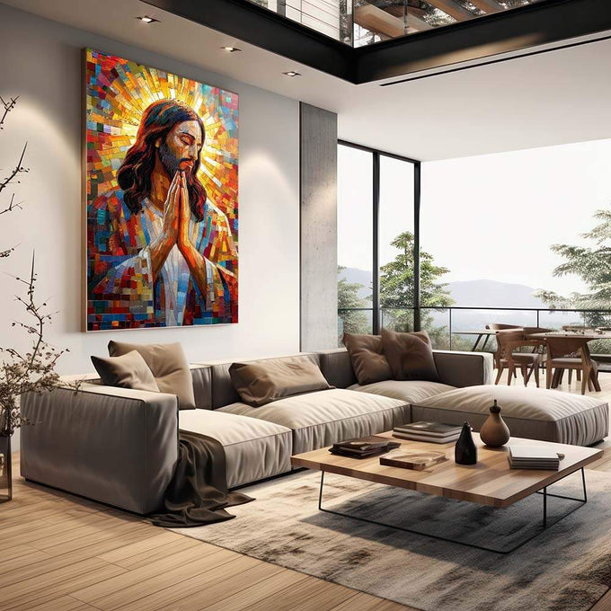 Quadro Decorativo Espiritual Jesus - Arte da Esperança - quadros decorativos 1 Tela Vertical, 3 Telas - em sala moderna