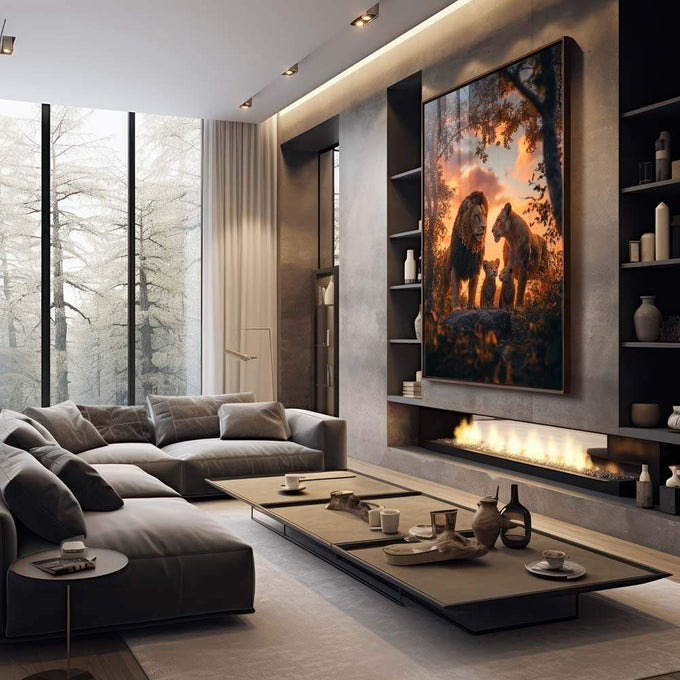 Quadro Decorativo - Família de Leões | Beleza e Emoção na Sua Parede - quadros decorativos 1 Tela Vertical, 3 Telas - em sala moderna
