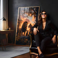 Leão, leoa e dois filhotes sob árvores com céu laranja do pôr do sol, quadro decorativo
