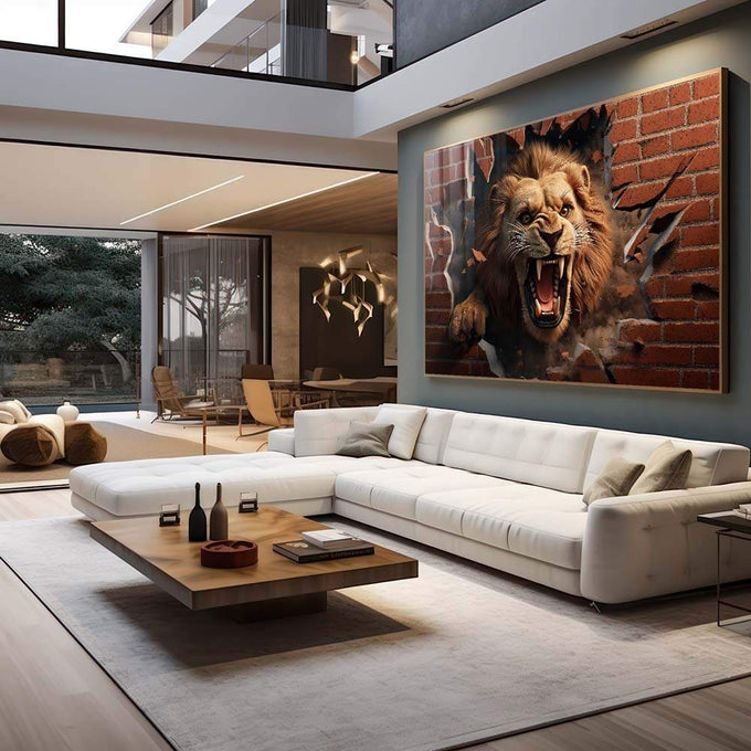 Quadro Decorativo Leão: Quebrando Parede Raivoso - quadros decorativos 1 Tela, 1 Tela Horizontal - em escritorio elegante