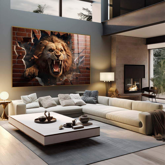Quadro Decorativo Leão: Quebrando Parede Raivoso - quadros decorativos para sala 1 Tela, 1 Tela Horizontal - em living room premium