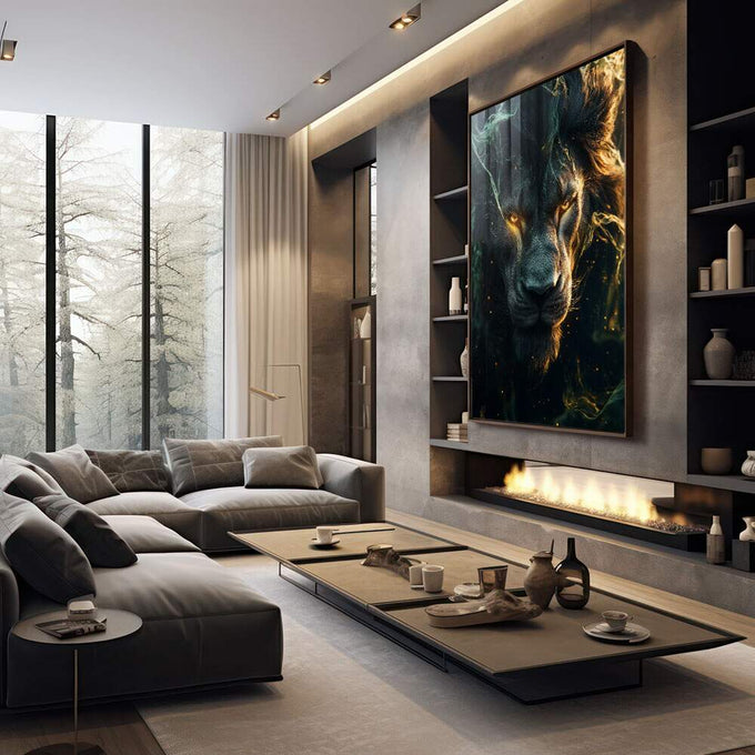 Quadro Decorativo Leão Radiante - Força e Beleza para Sua Casa - quadros decorativos para sala 1 Tela Vertical, 3 Telas - em quarto contemporaneo