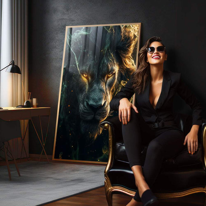 Quadro Decorativo Leão Radiante - Força e Beleza para Sua Casa - quadros decorativos para sala 1 Tela Vertical, 3 Telas - em living room premium