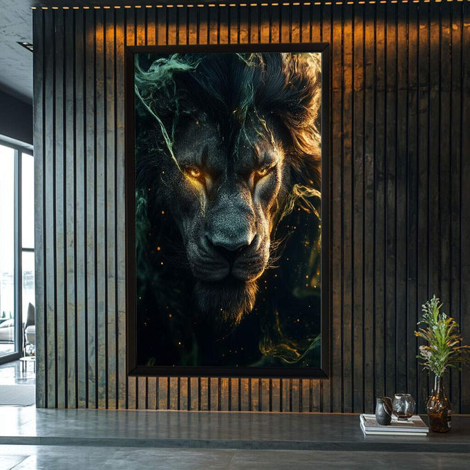 Quadro Decorativo Leão Radiante - Força e Beleza para Sua Casa - quadros decorativos para sala 1 Tela Vertical, 3 Telas - em ambiente decorado