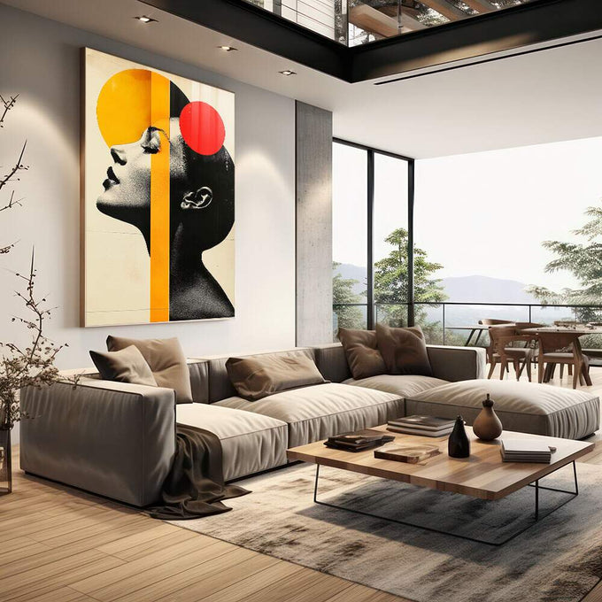 Quadro Decorativo Minimalista Mulher - Símbolo de Força e Elegância - quadros decorativos 1 Tela Vertical, 3 Telas - em sala moderna