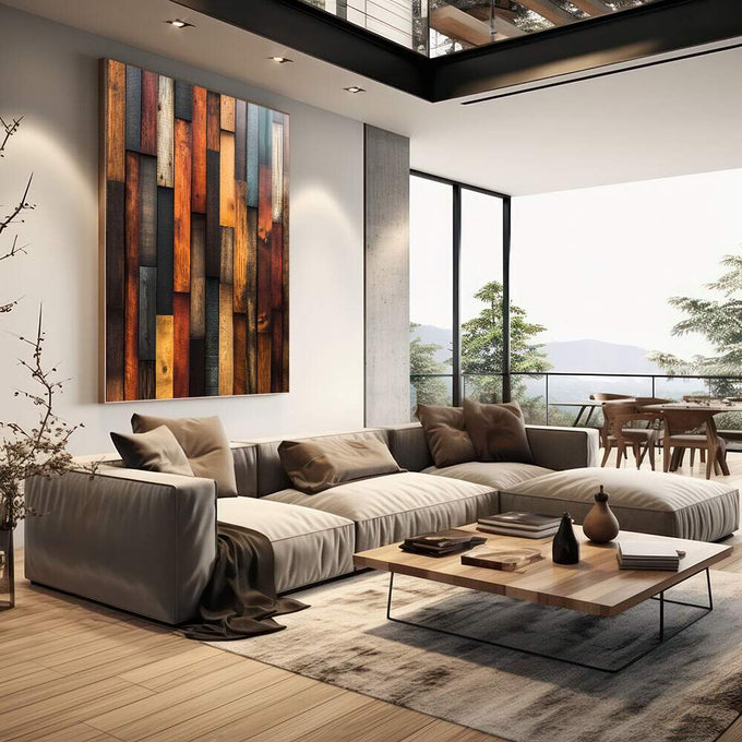 Quadro Decorativo Abstrato em Madeira - quadros decorativos 1 Tela Vertical, 3 Telas - em sala moderna
