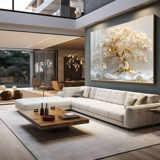 Quadro Decorativo Arvore da Vida em Dourado - Arte que Inspira - quadros decorativos 1 Tela, 1 Tela Horizontal - em sala moderna