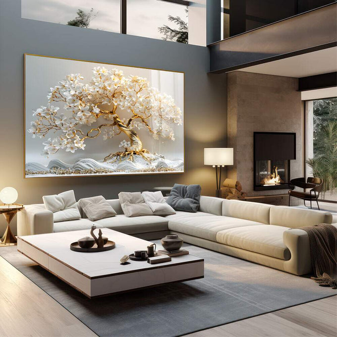 Quadro Decorativo Arvore da Vida em Dourado - Arte que Inspira - quadros decorativos para sala 1 Tela, 1 Tela Horizontal - em quarto contemporaneo