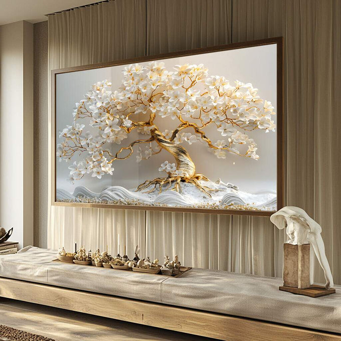 Quadro Decorativo Arvore da Vida em Dourado - Arte que Inspira - quadros decorativos para sala 1 Tela, 1 Tela Horizontal - em ambiente decorado