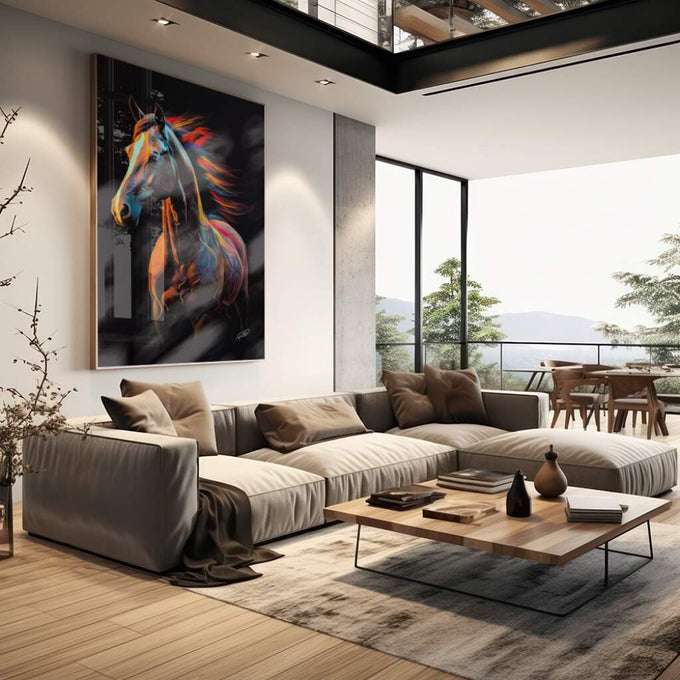 Quadro Decorativo: Cavalo Colorido Surreal - Único - quadros decorativos para sala 1 Tela Vertical, 3 Telas - em living room premium