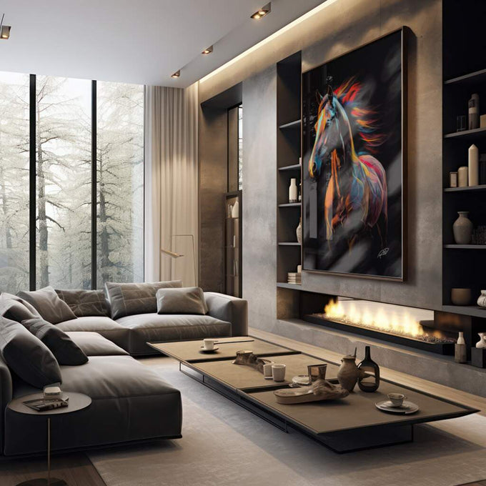 Quadro Decorativo: Cavalo Colorido Surreal - Único - quadros decorativos 1 Tela Vertical, 3 Telas - em sala moderna