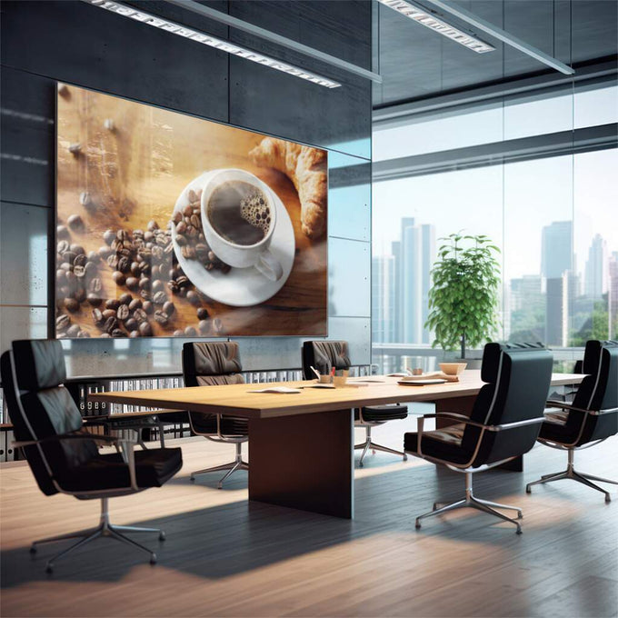 Quadro Decorativo Xícara com Croissant: Inspire-se! - quadros decorativos para sala 1 Tela, 1 Tela Horizontal - em quarto contemporaneo