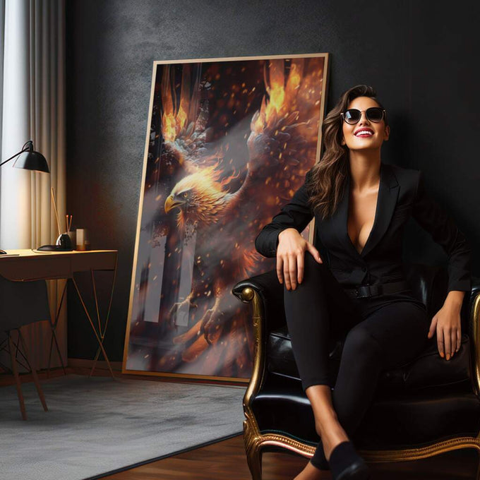 Quadro Decorativo Águia em Chamas: Poder e Liberdade - quadros decorativos para sala 1 Tela Vertical, 3 Telas - em quarto contemporaneo